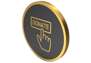 Hand pointing to the "DONATE" text on a gold coin.